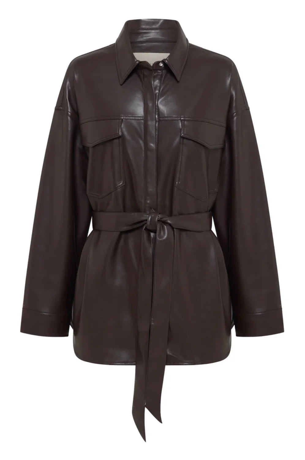 Brown leather shirt jacket with belt and front pockets for women's fashion
