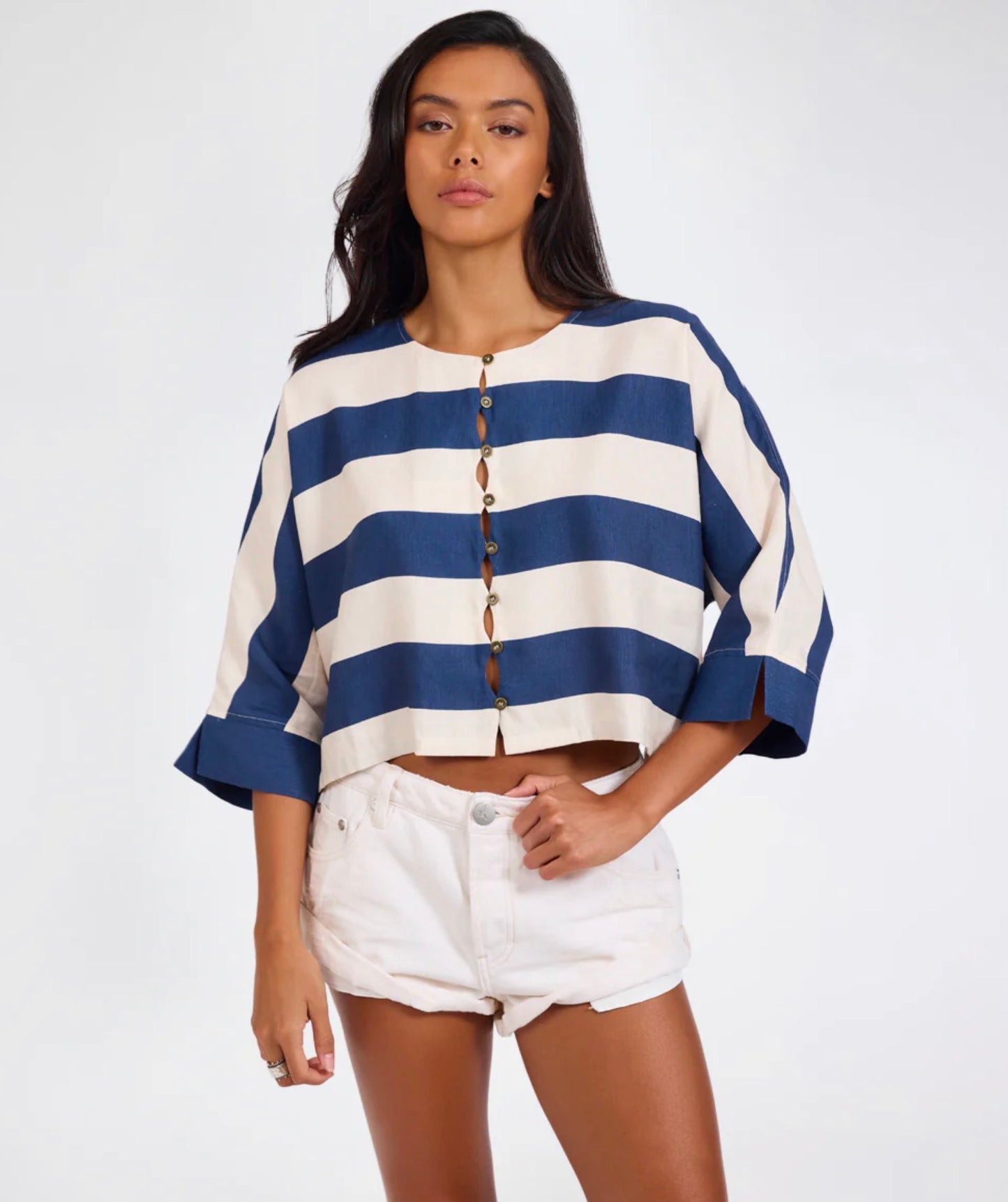 One Teaspoon Blue Vista Linen Cropped Top Blue / Cream