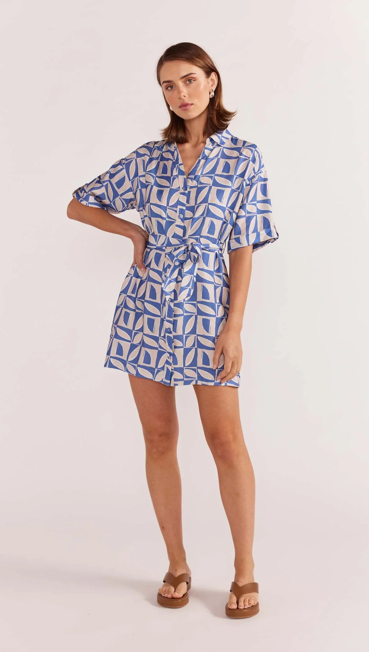 Staple the Label Alto Mini Shirt Dress in Blue - Geo Print