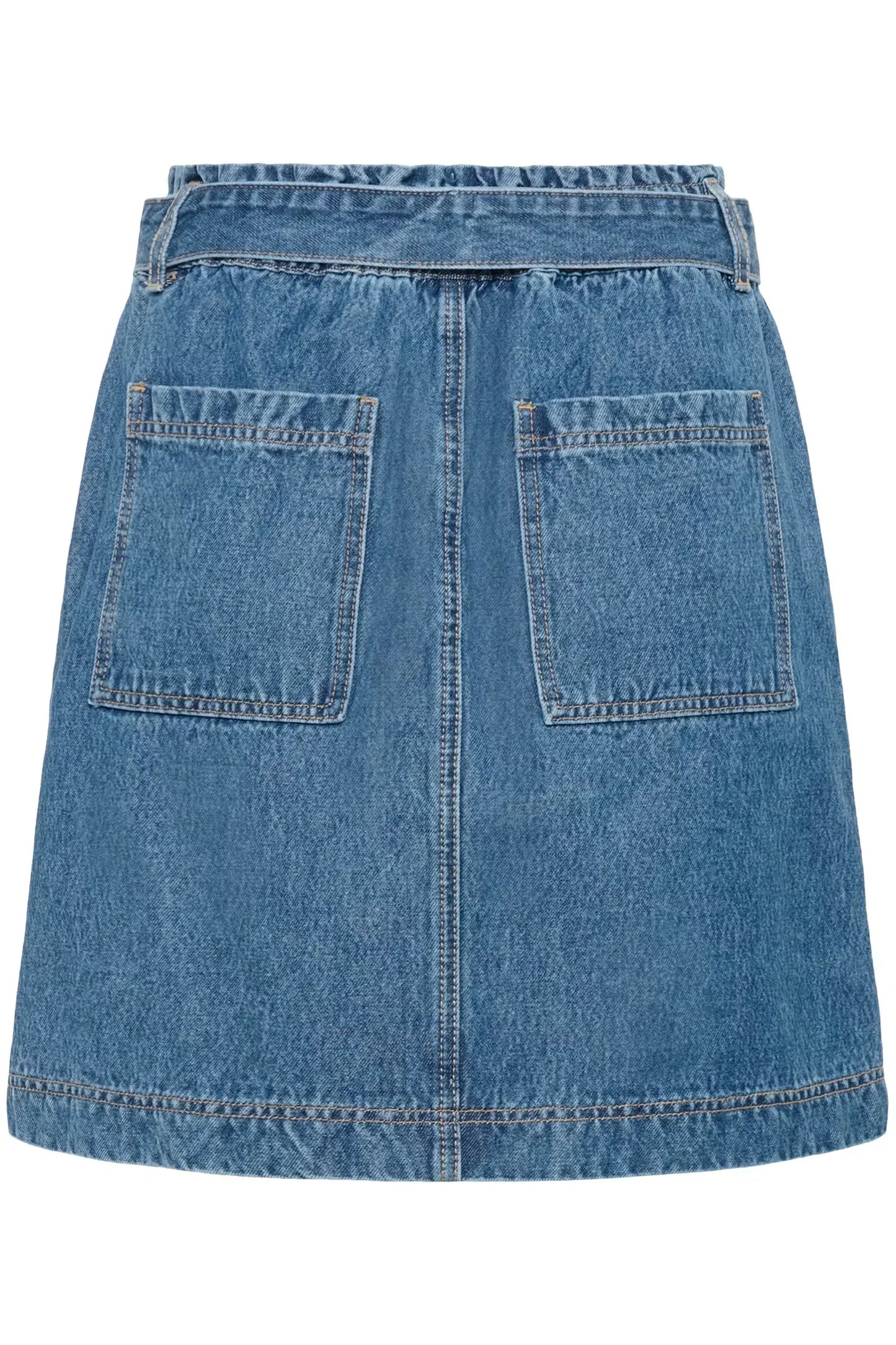Blue denim mini skirt with back pockets and elastic waistband, women's fashion