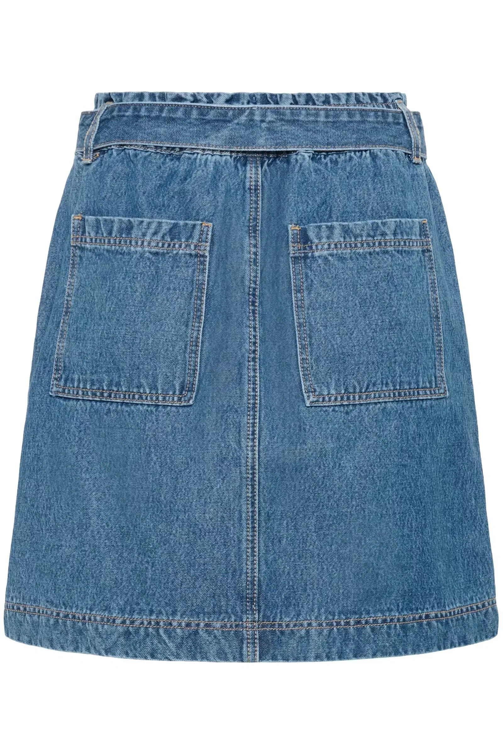 Blue denim mini skirt with back pockets and elastic waistband, women's fashion