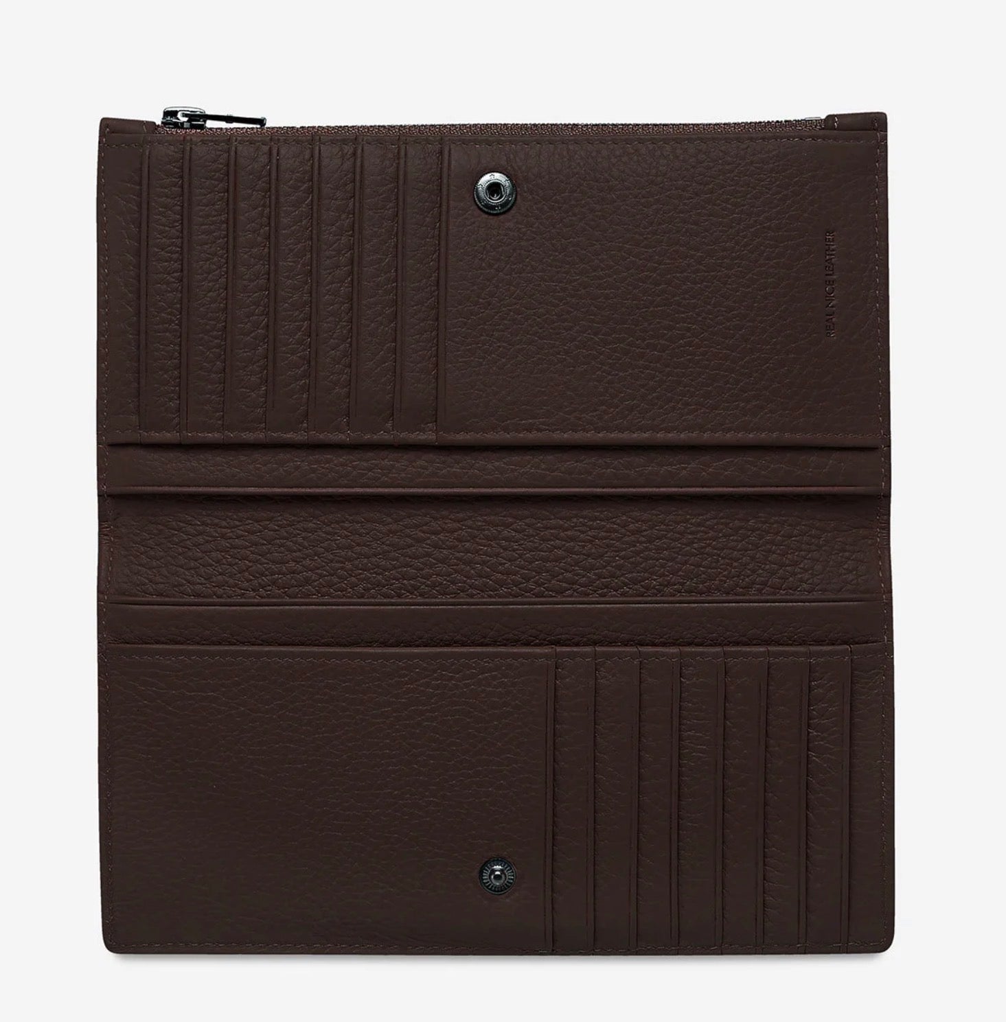 Brown leather wallet interior with card slots, zippered compartment, and snap closures