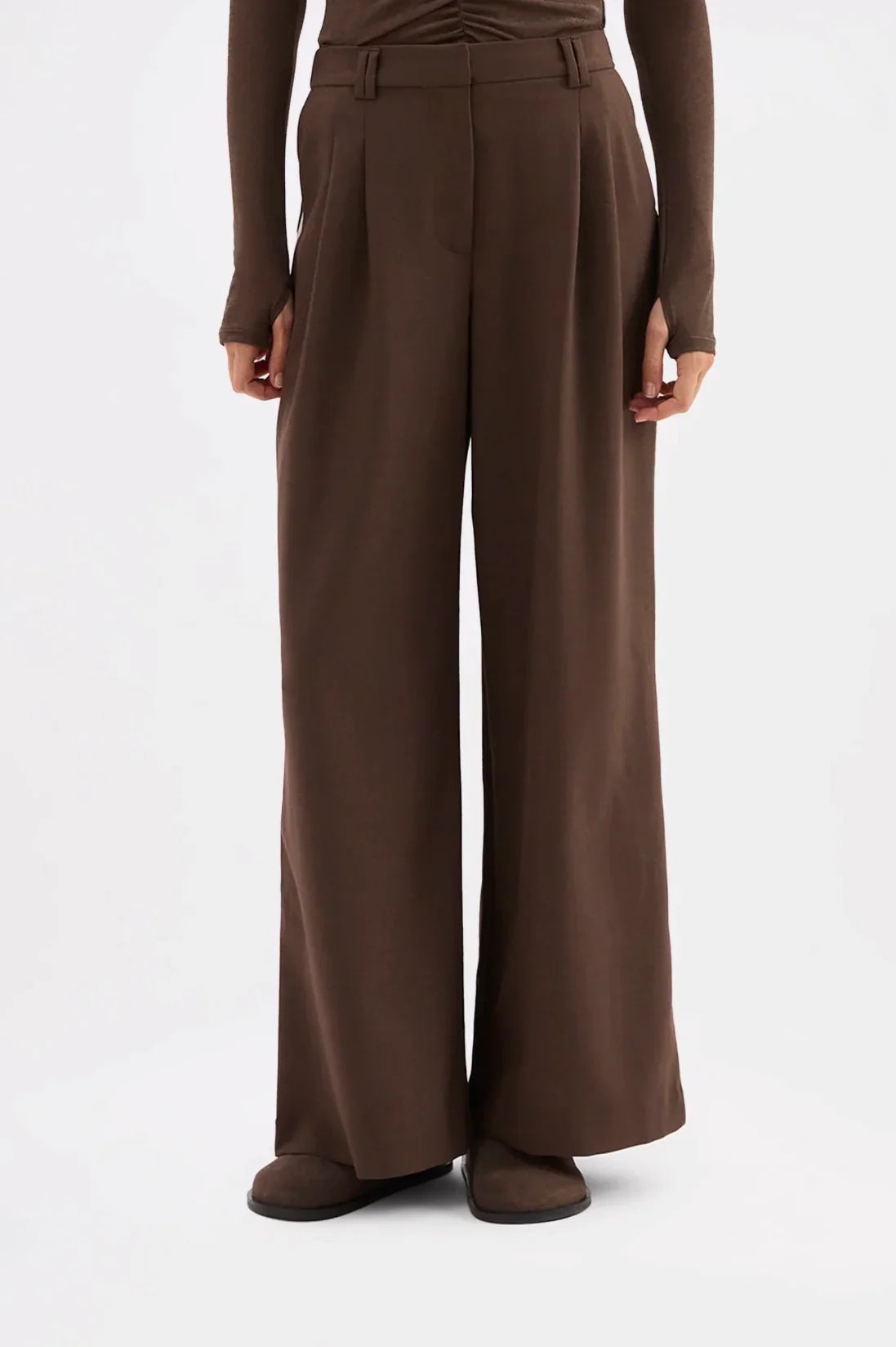 Brown wide-leg trousers with high waist and front pleats, styled with matching top and flat shoes