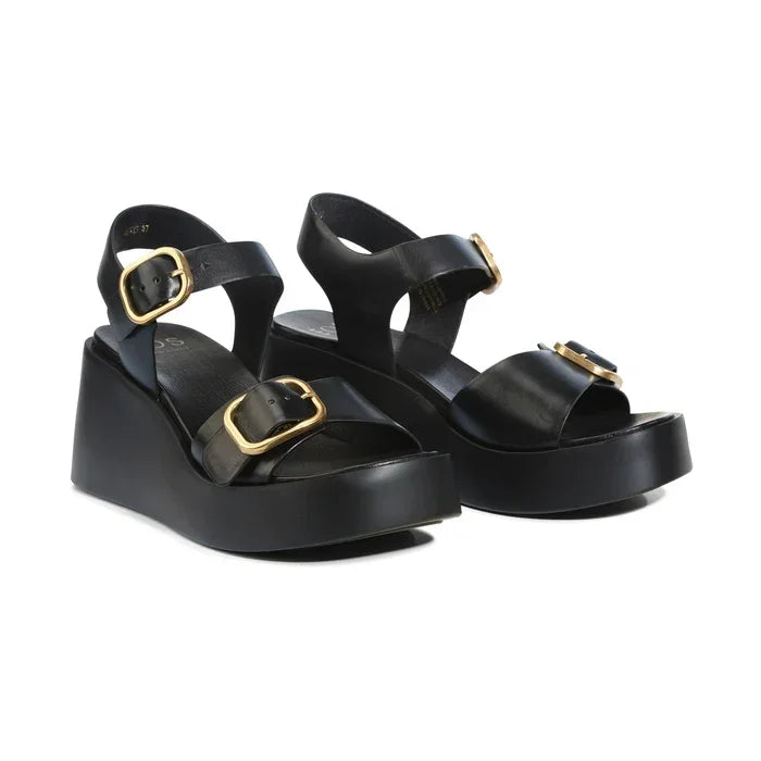 EOS Arias Wedge Sandals in black leather with gold buckle detailing