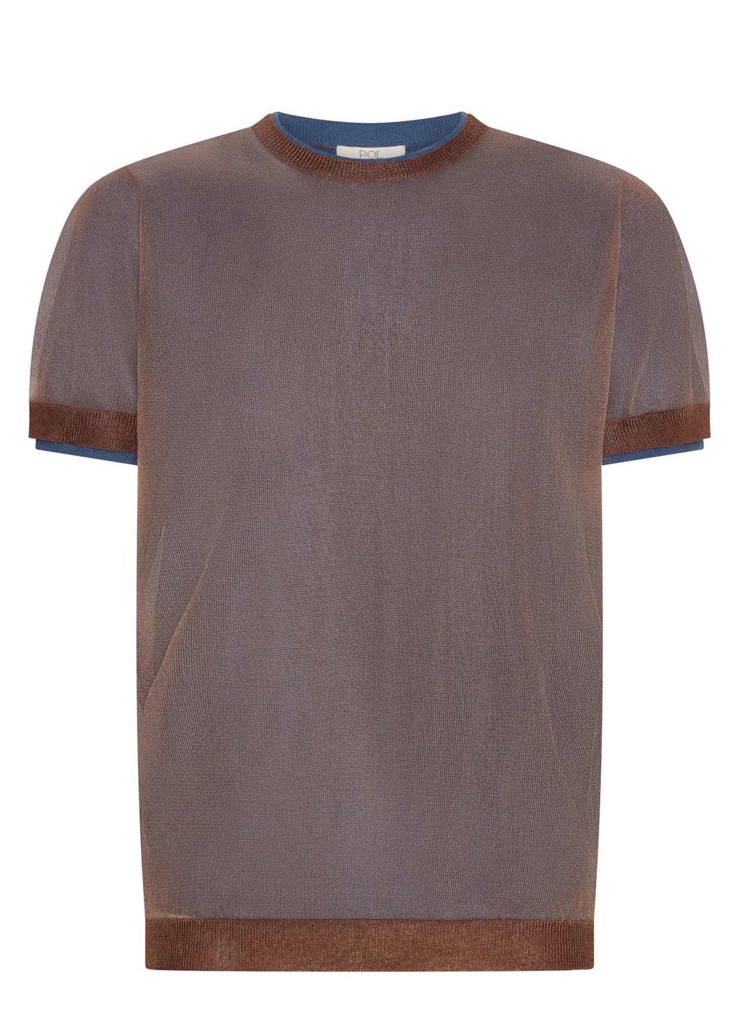 Brown sheer knit short sleeve t-shirt with blue trim accents