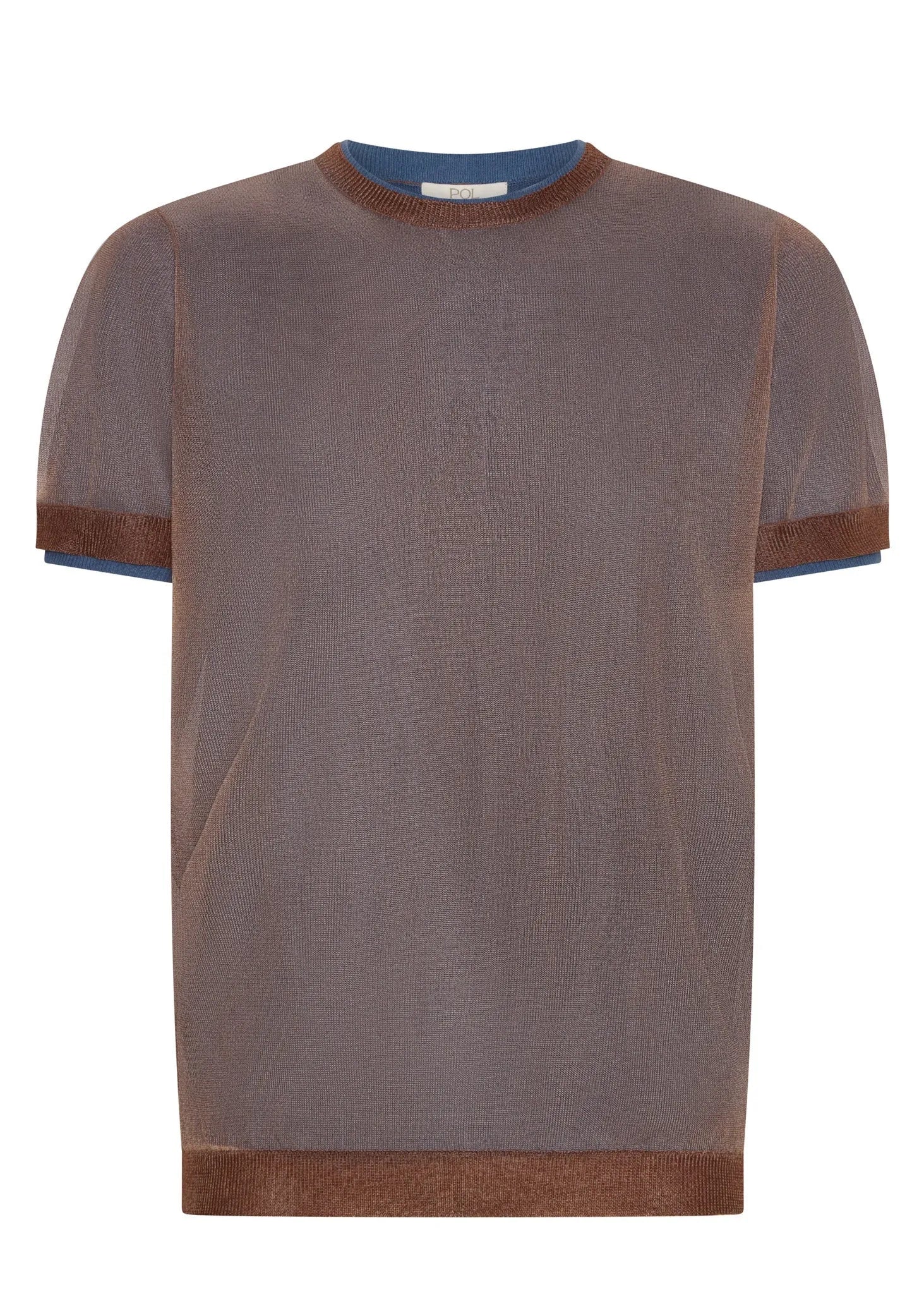 Brown sheer knit short sleeve t-shirt with blue trim accents