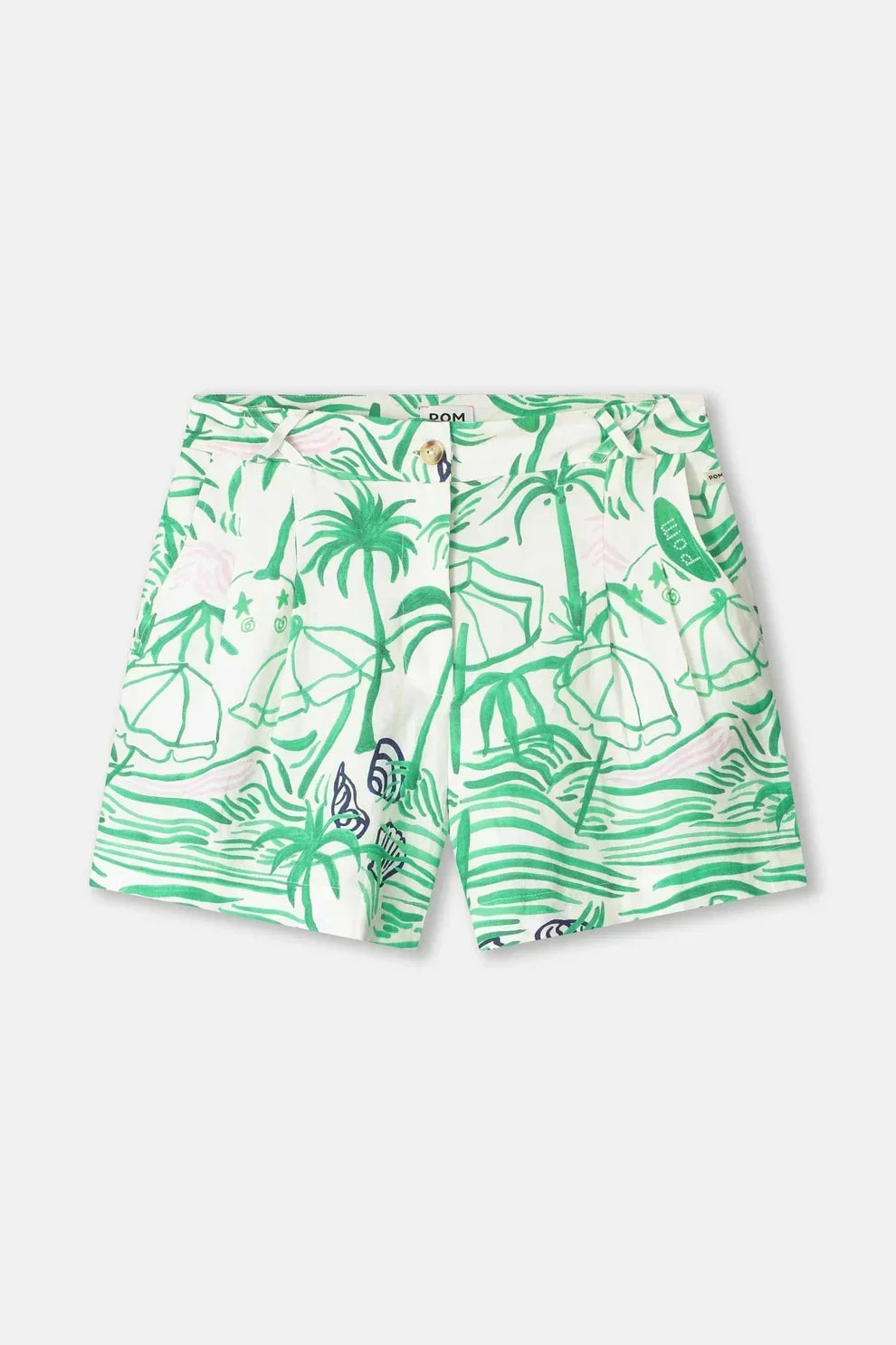 White shorts with green palm tree and beach print, tropical summer style