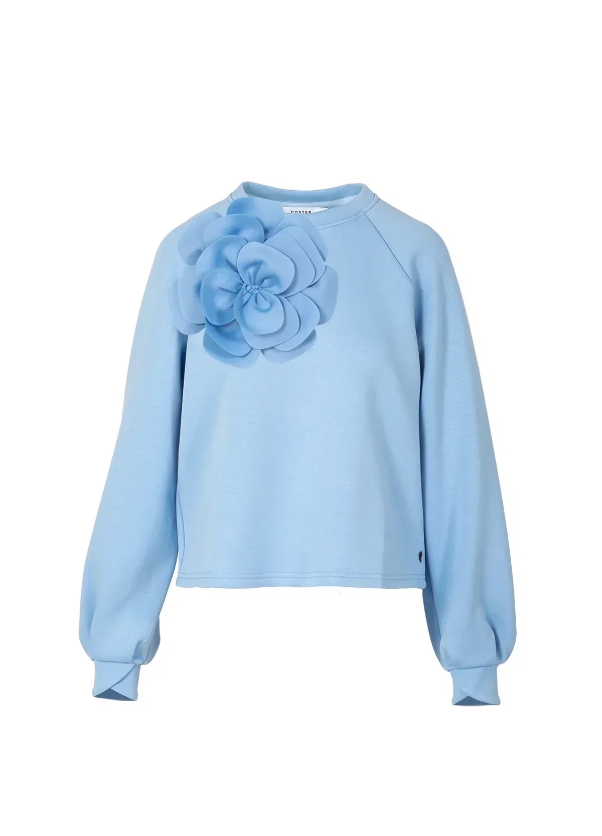 Light blue women's long sleeve top with large 3D floral detail on shoulder