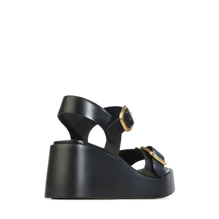 EOS Arias Wedge Sandal in Black with gold buckle straps