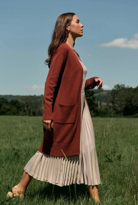 Maxted Merino Long Line Cardigan in Rust