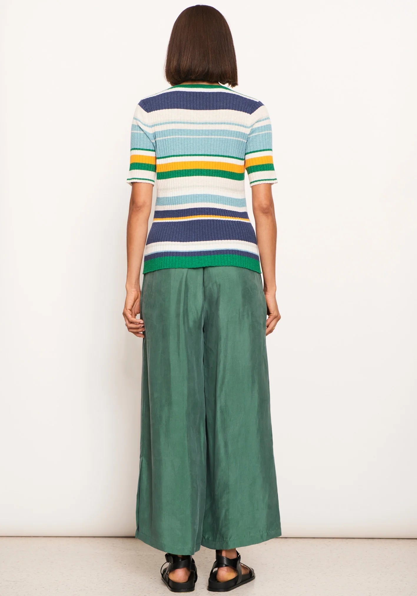 POL Clothing Lido Multi Knit Tee in Green Multi Stripe