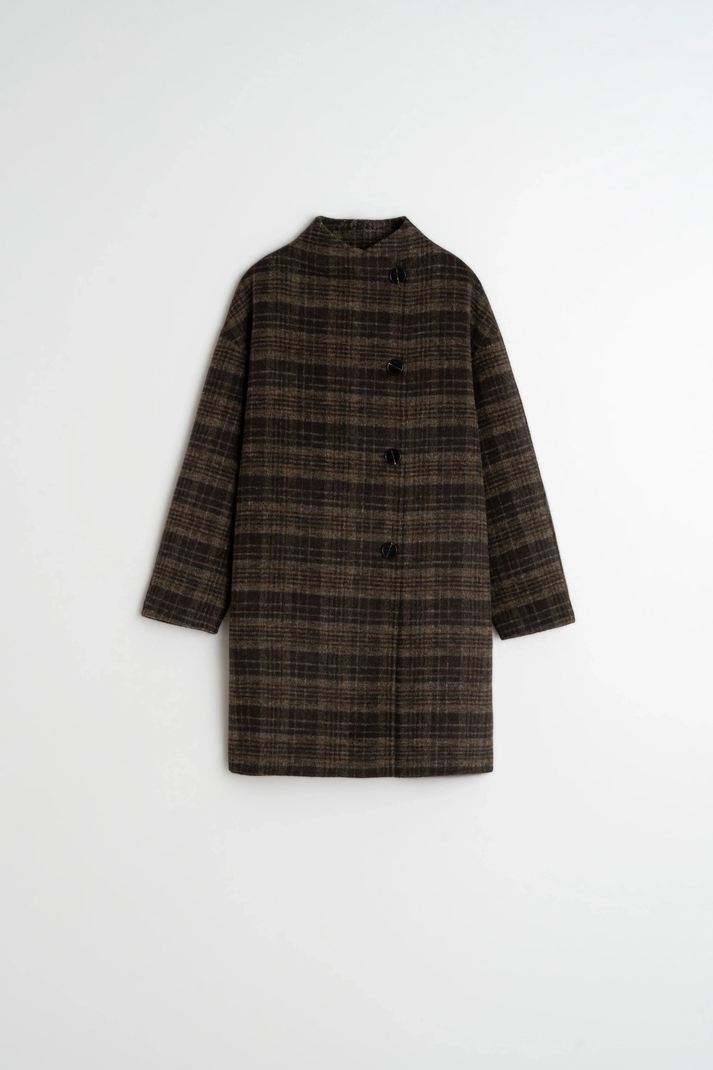Brown plaid wool coat with black buttons, stylish women's fashion