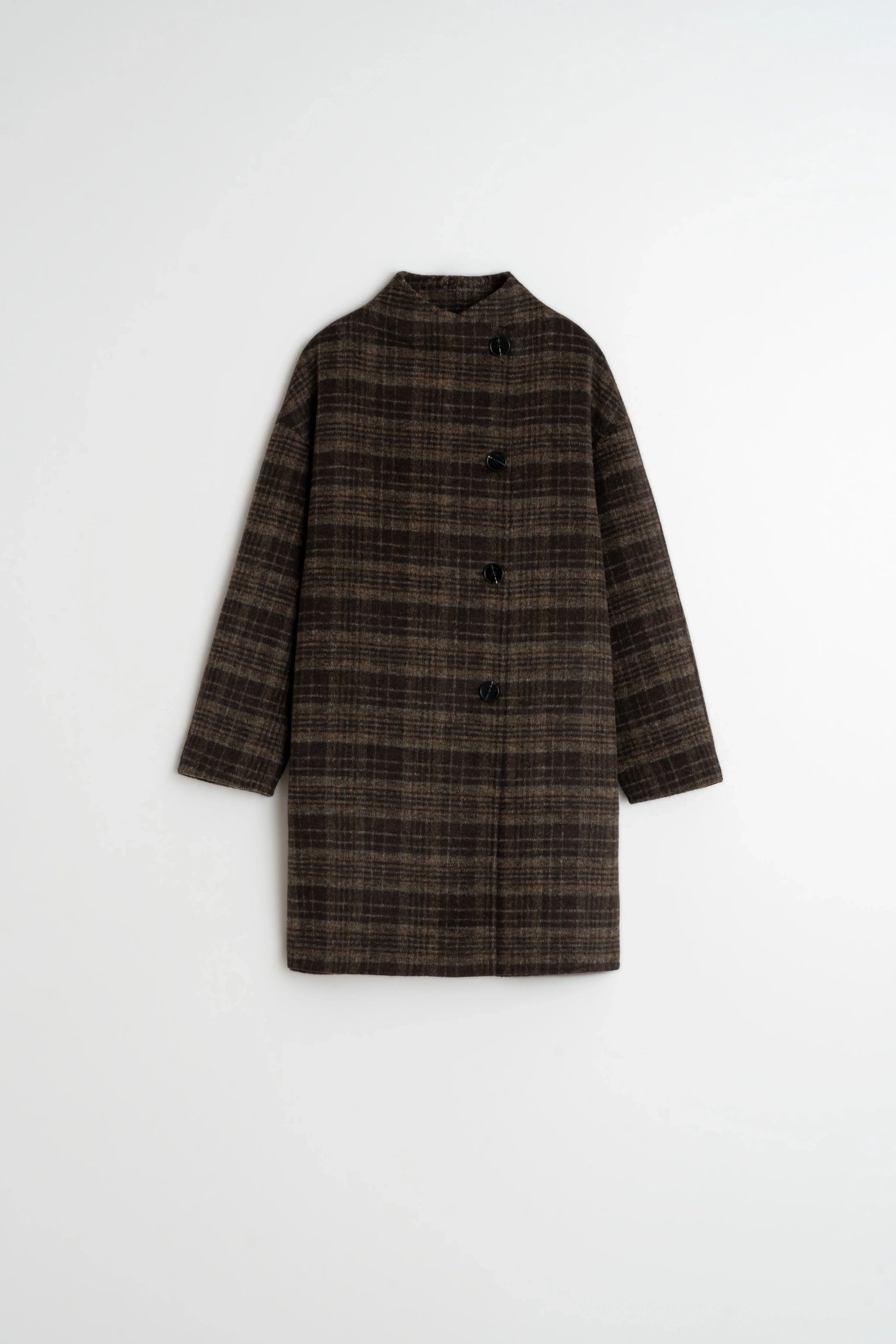 Brown plaid wool coat with black buttons, stylish women's fashion
