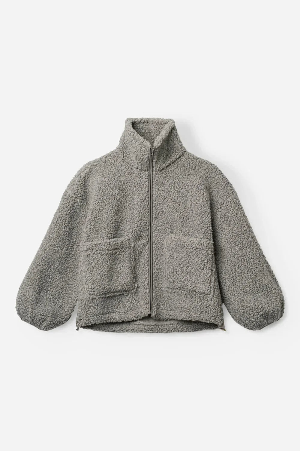 Grey sherpa fleece zip-up jacket with high collar and front pockets, women's fashion