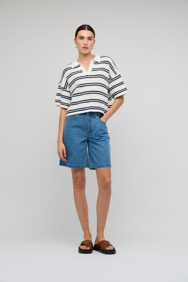 Staple the Label Solstice Knit Polo Top White/Navy Stripe