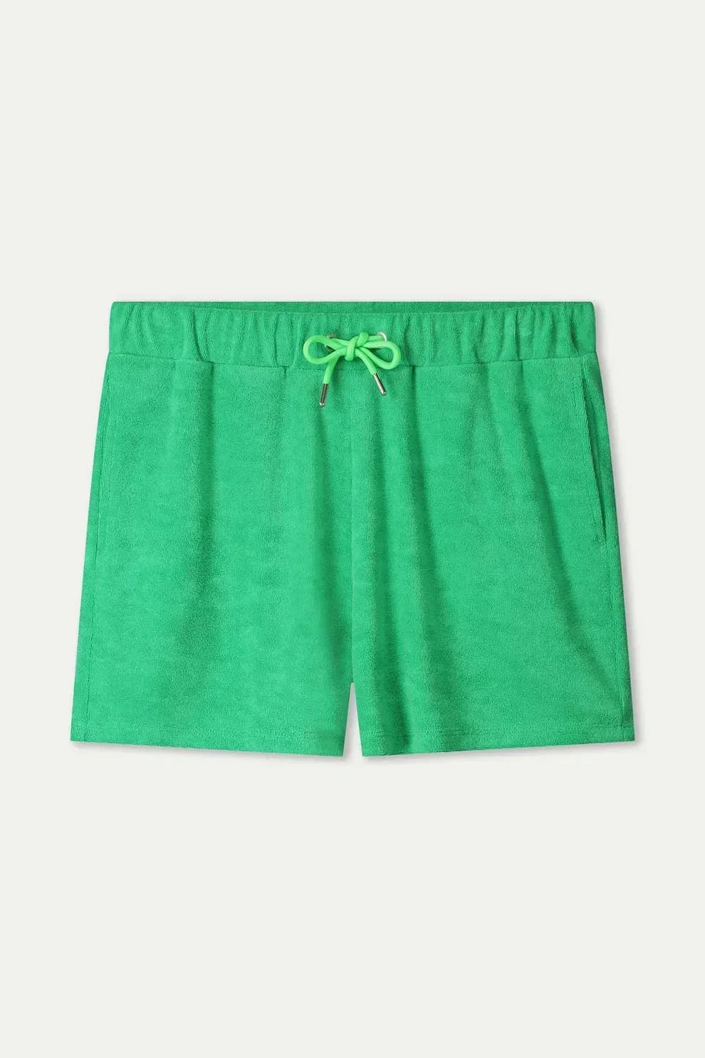 Bright green terry cloth drawstring shorts for casual summer wear