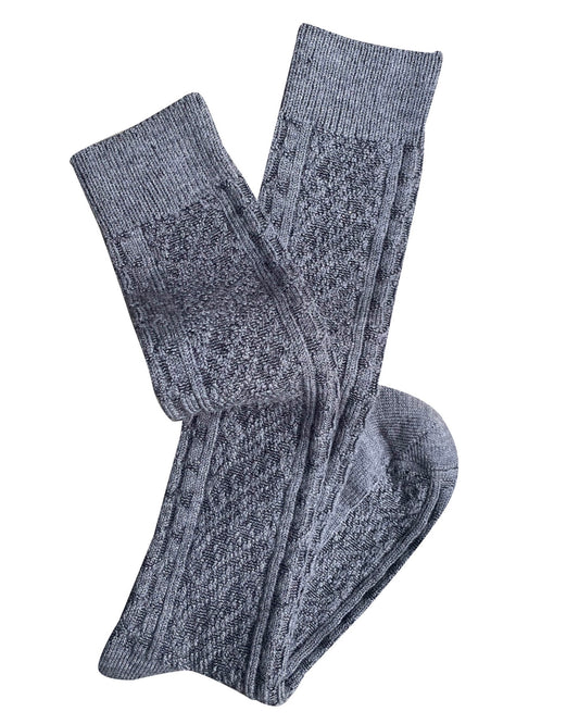 Grey cable knit socks with ribbed texture, cozy everyday wear for comfort and style