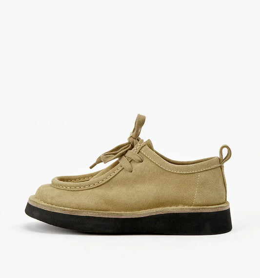 Beige suede lace-up shoes with chunky black sole, stylish women's fashion footwear