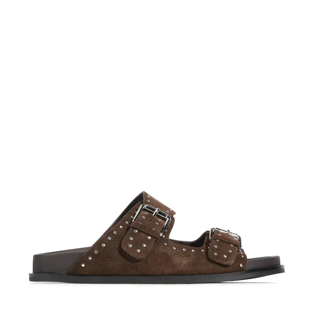 Brown suede studded double strap slide sandals for men