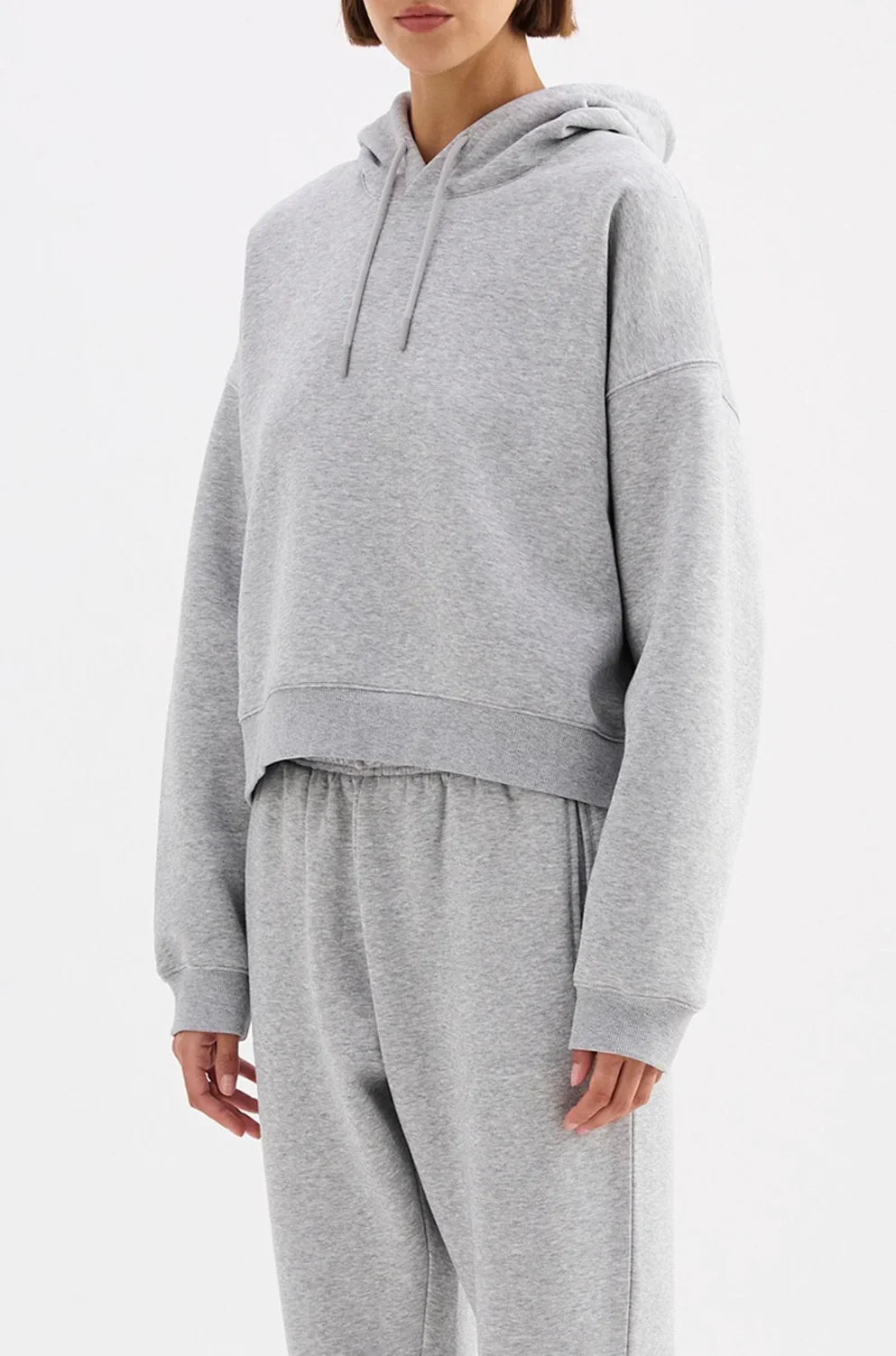 Grey cropped hoodie and matching sweatpants set for women's casual fashion