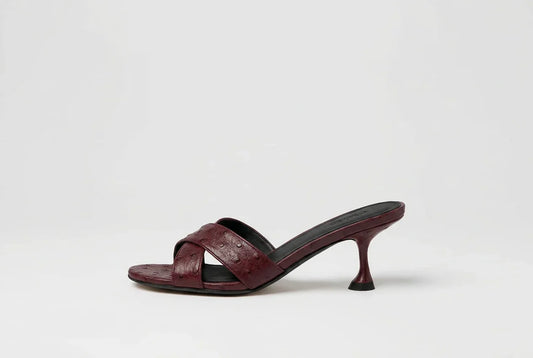 Mollini Asire sandals in burgundy ostrich embossed leather with a kitten heel