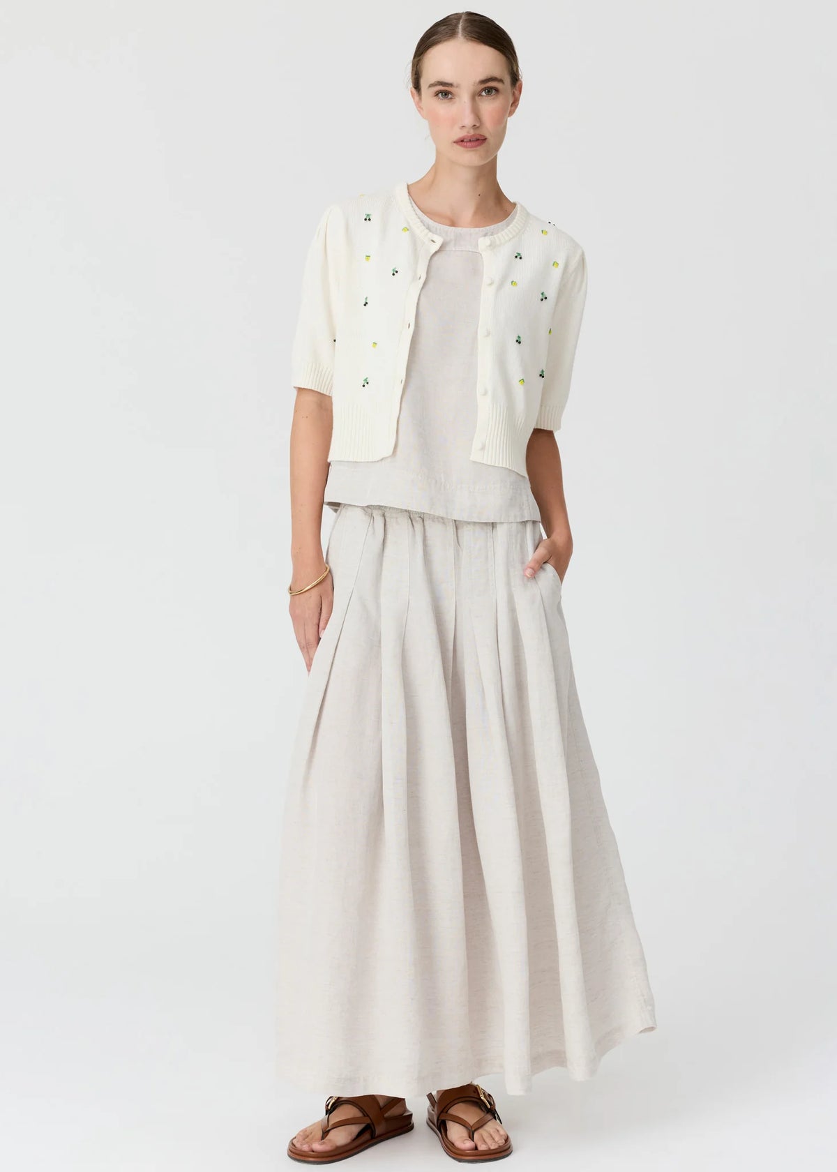 POL Viola Short Sleeve Beaded Cardigan in Chalk