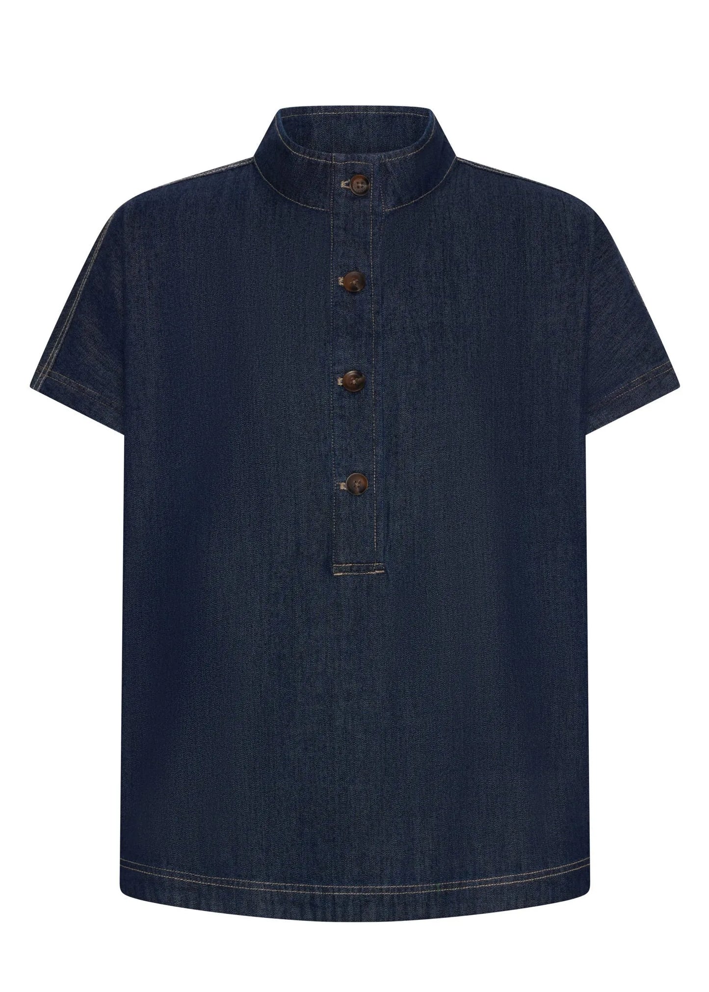 Men's navy blue denim short sleeve shirt with a mandarin collar and button placket