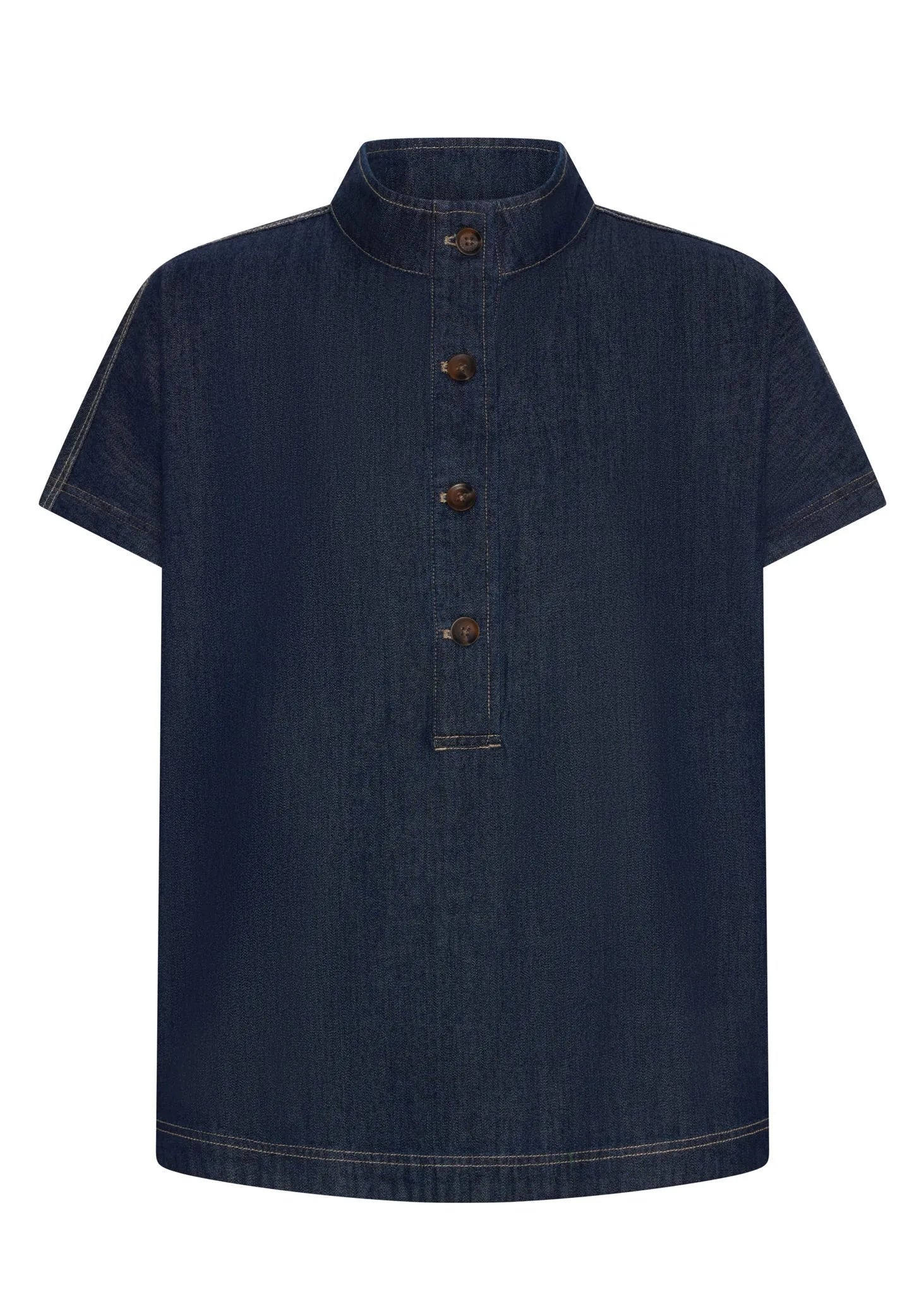 Men's navy blue denim short sleeve shirt with a mandarin collar and button placket