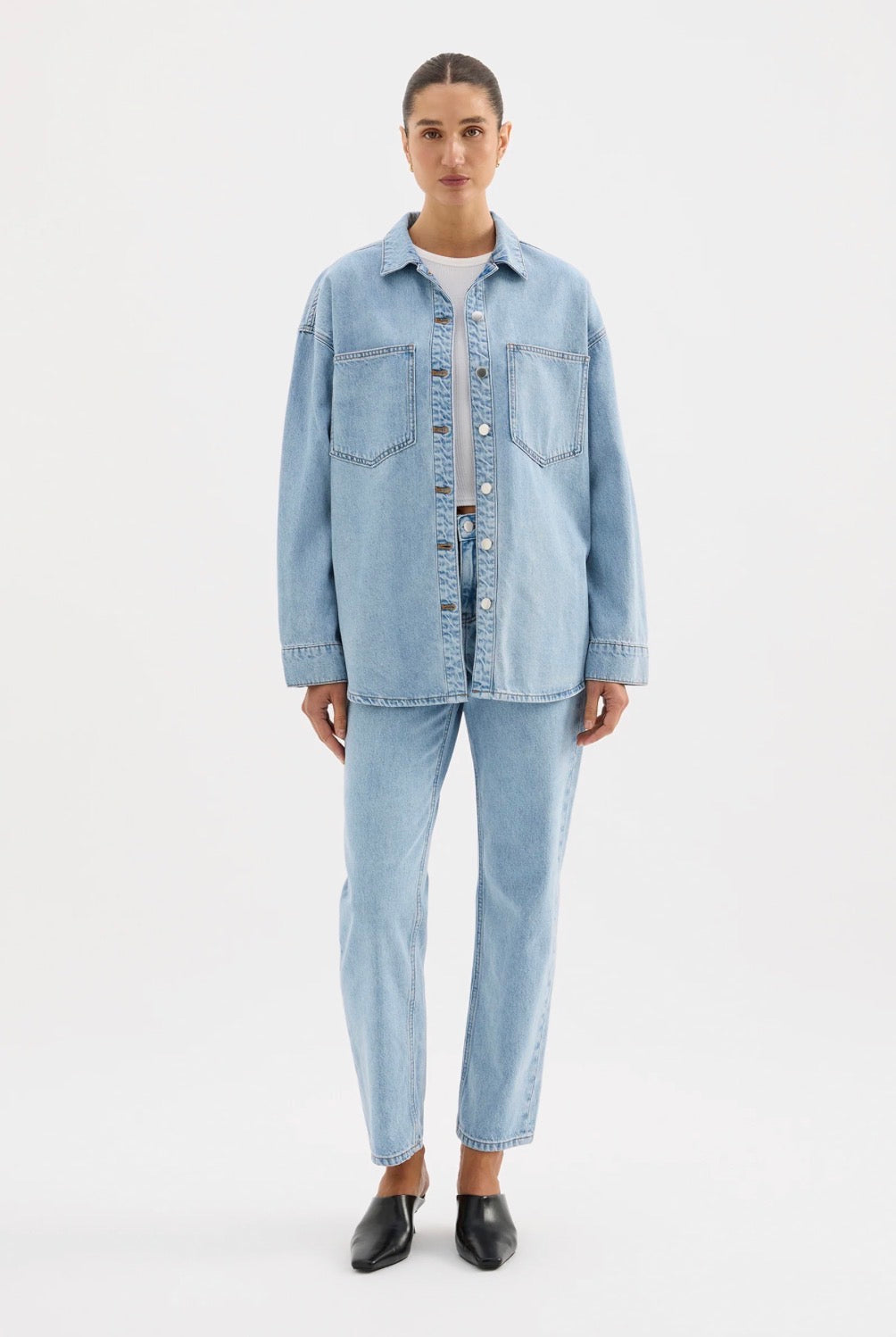 Light wash denim shirt and jeans set with black mules, women's fashion