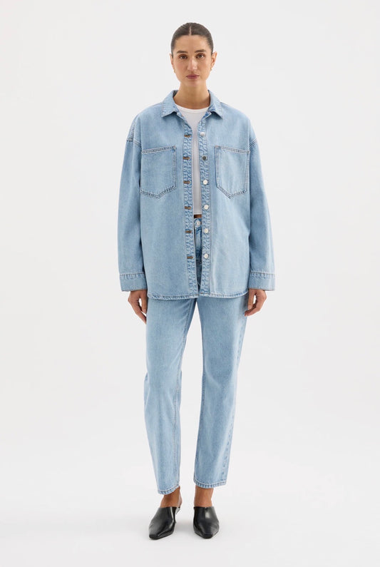 Light wash denim shirt and jeans set with black mules, women's fashion