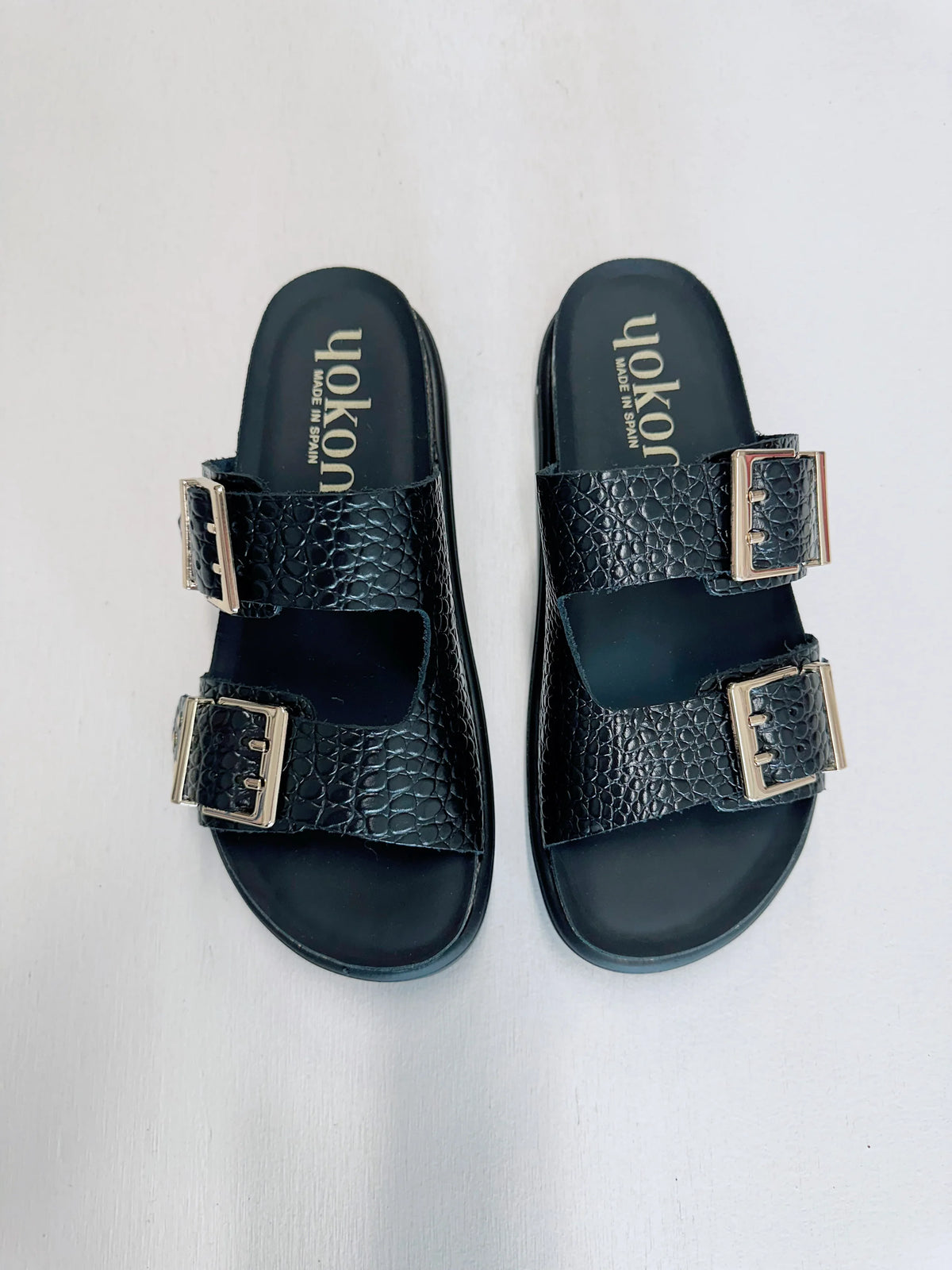 YOKONO Tunez 262 platform sandals in croc embossed black leather with gold buckles
