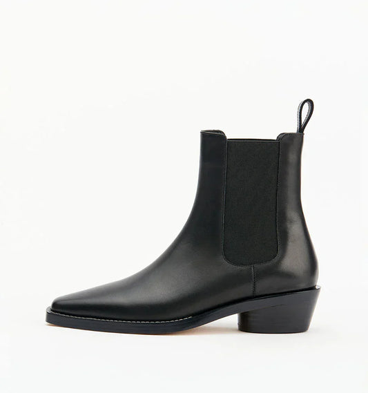 Black leather Chelsea boot with low block heel and elastic side panels