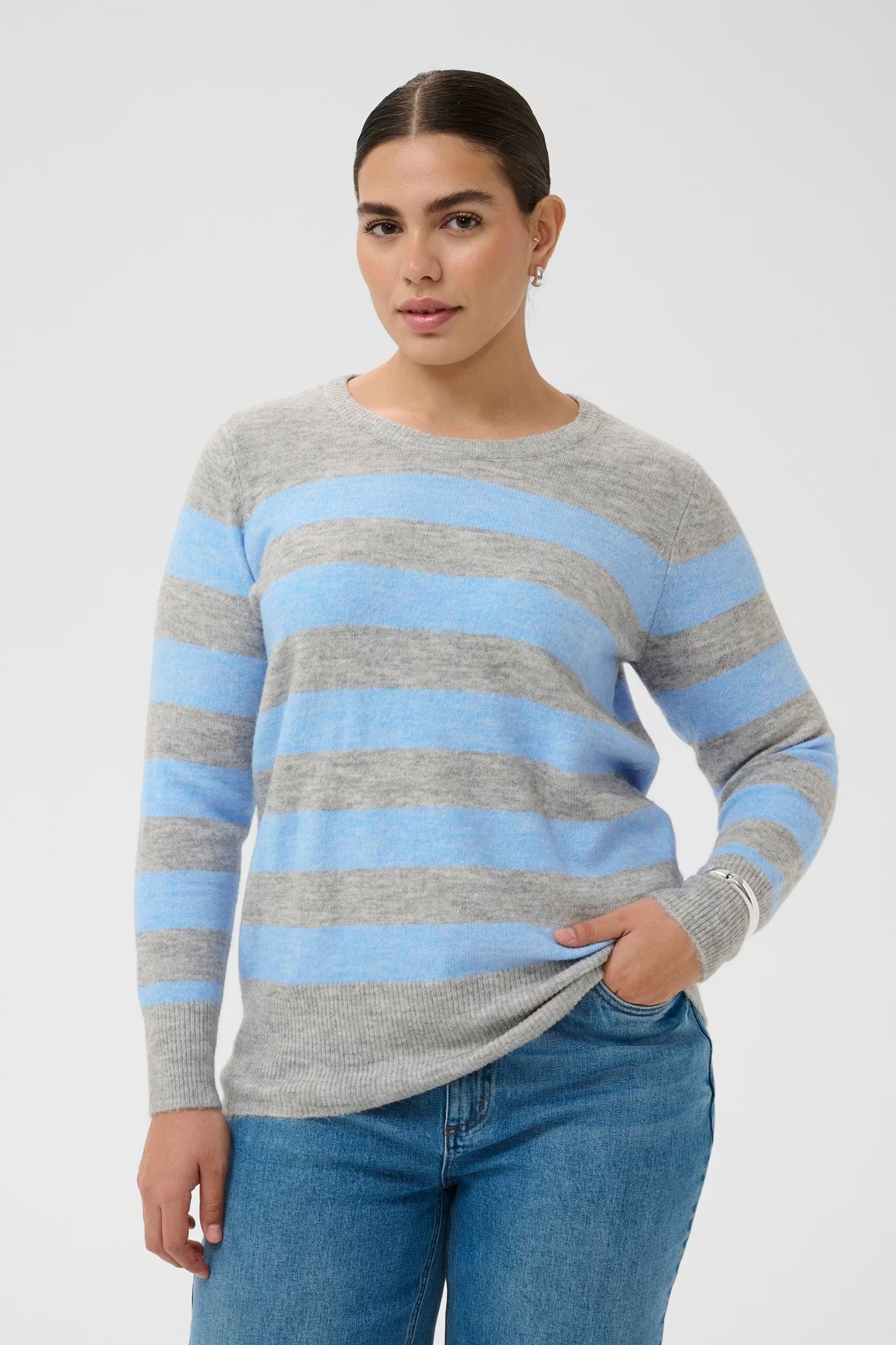 Kaffe KAniel Striped Pullover Light Grey / Blue Melange