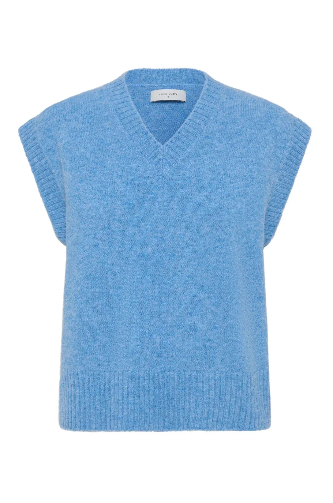 Light blue knit sleeveless sweater vest with V-neck and ribbed trim for women's fashion.