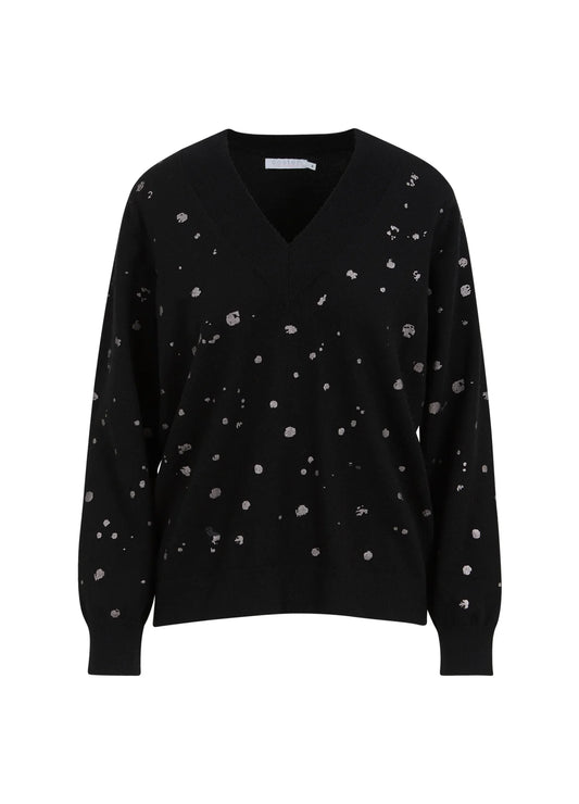 Coster V Neck Knit in Black with Foil Print