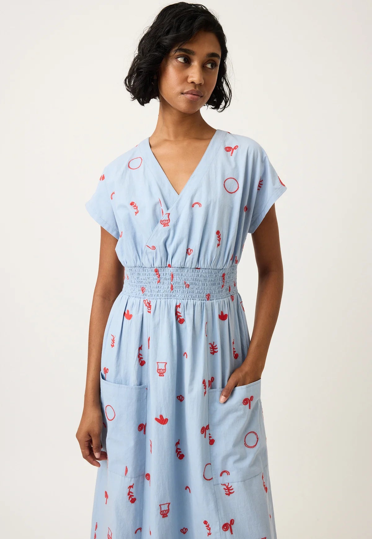 Nancybird Hana Wrap Dress in Blue with Red Motif Embroidery