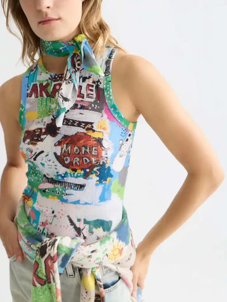 Colorful graphic tank top with matching scarf, stylish women's fashion