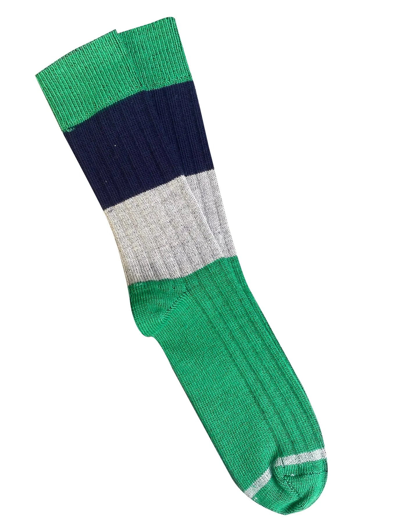Green, navy, and grey striped ribbed women's fashion sock on white background