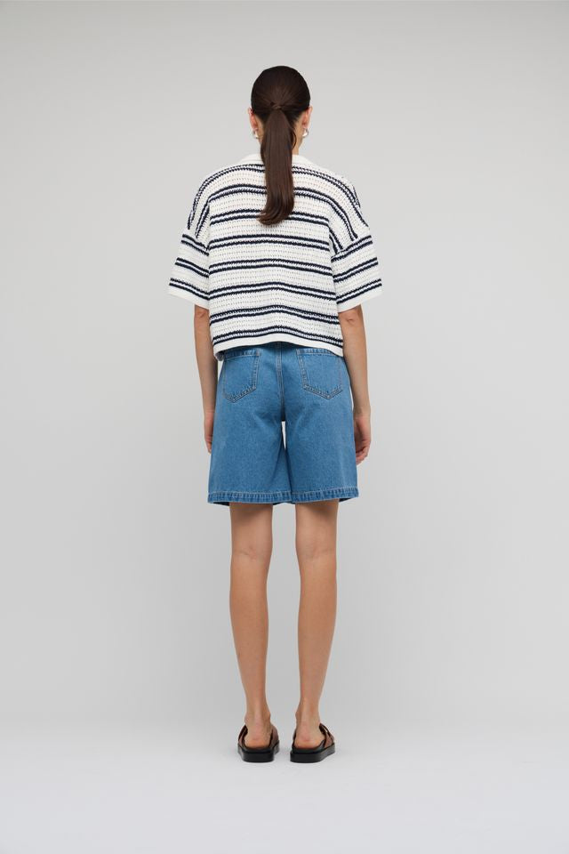 Staple the Label Solstice Knit Polo Top White/Navy Stripe