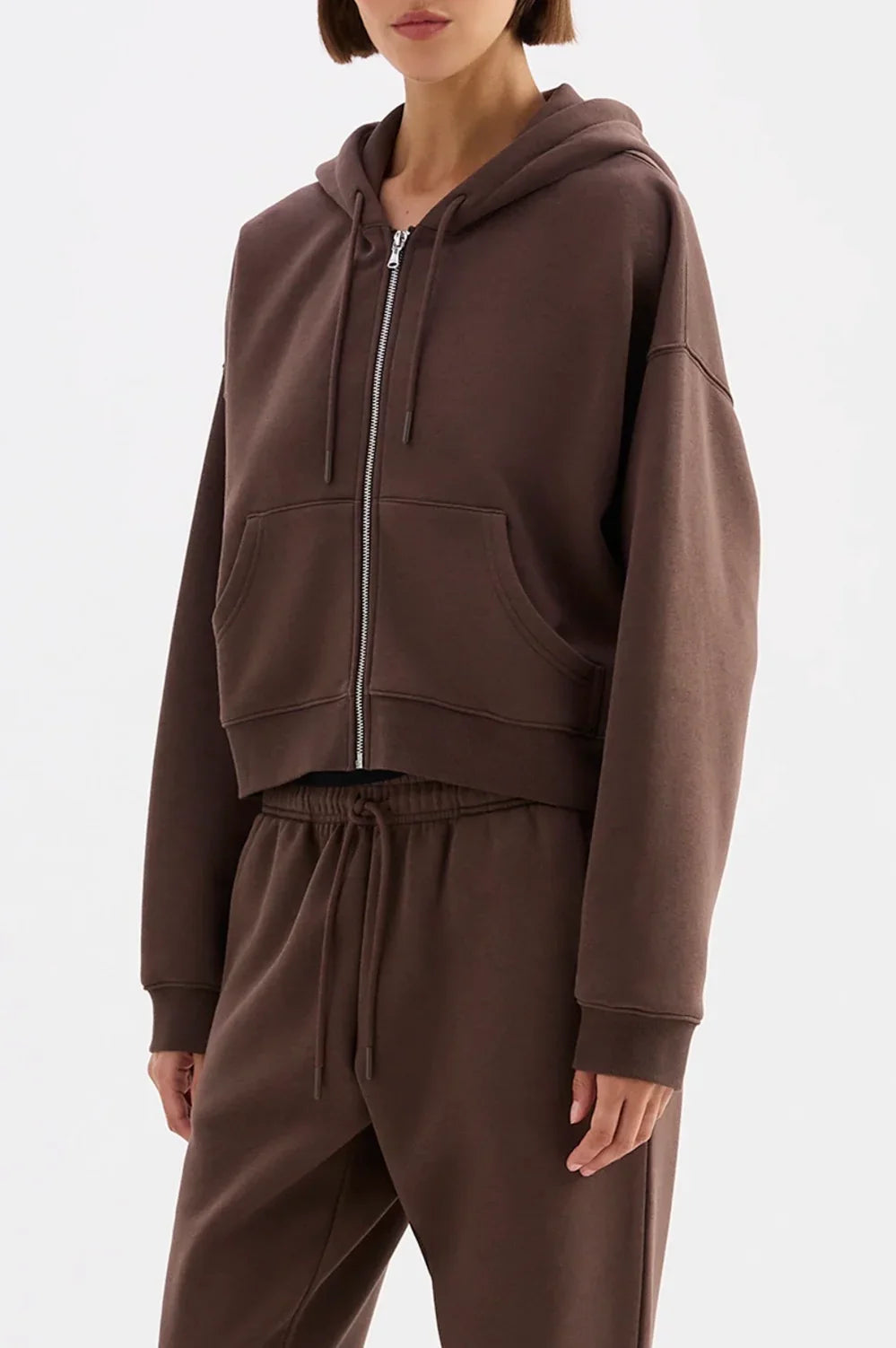 Brown zip-up hoodie and matching joggers for women's casual fashion
