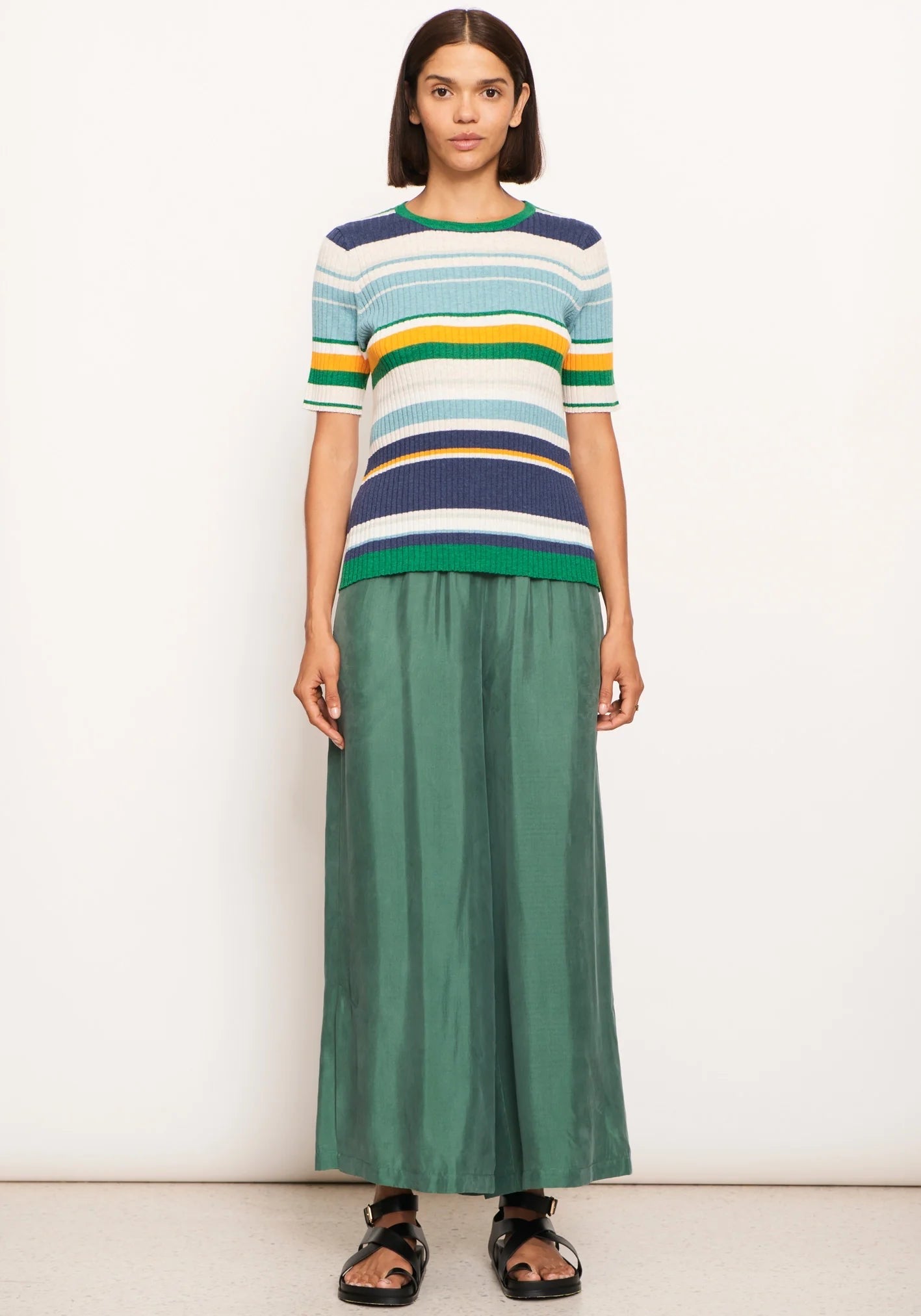 POL Clothing Lido Multi Knit Tee in Green Multi Stripe