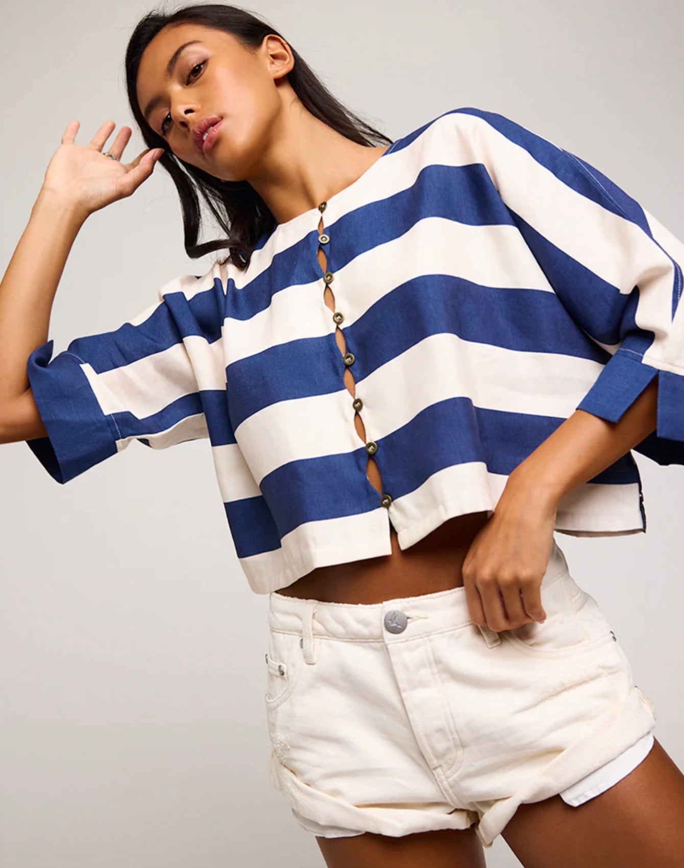 One Teaspoon Blue Vista Linen Cropped Top Blue / Cream