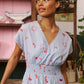 Nancybird Hana Wrap Dress in Blue with Red Motif Embroidery