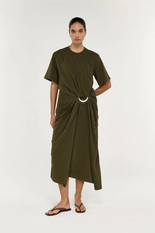 Woman wearing a STAPLE THE LABEL Tovae Draped Midi Tee Dress in olive green.
