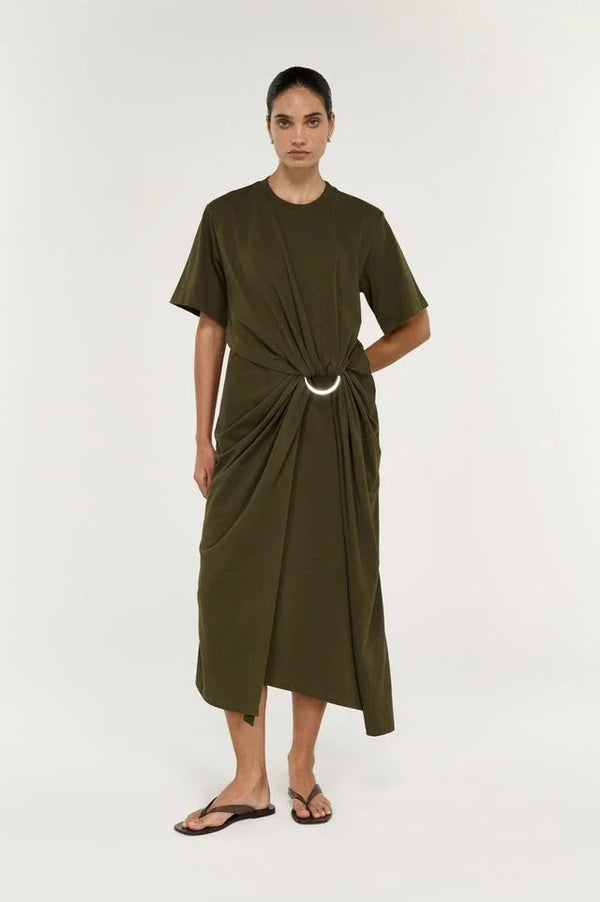 Woman wearing a STAPLE THE LABEL Tovae Draped Midi Tee Dress in olive green.