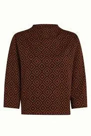 Women's brown geometric diamond pattern long-sleeve top, high neck, boutique fashion