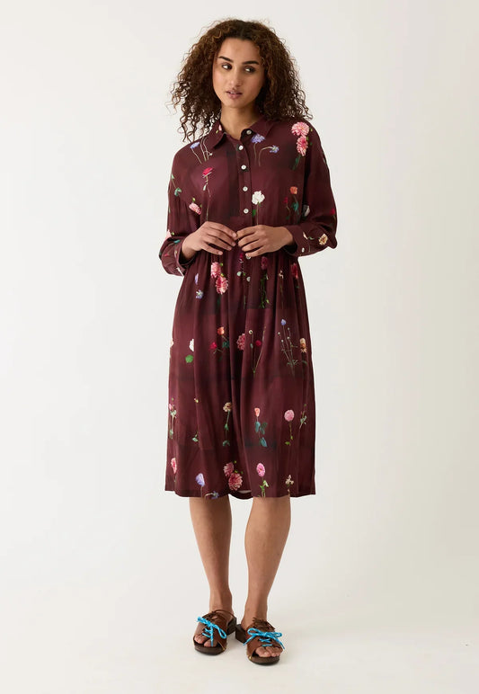 Burgundy floral print shirt dress with button front, styled with brown sandals for women's fashion