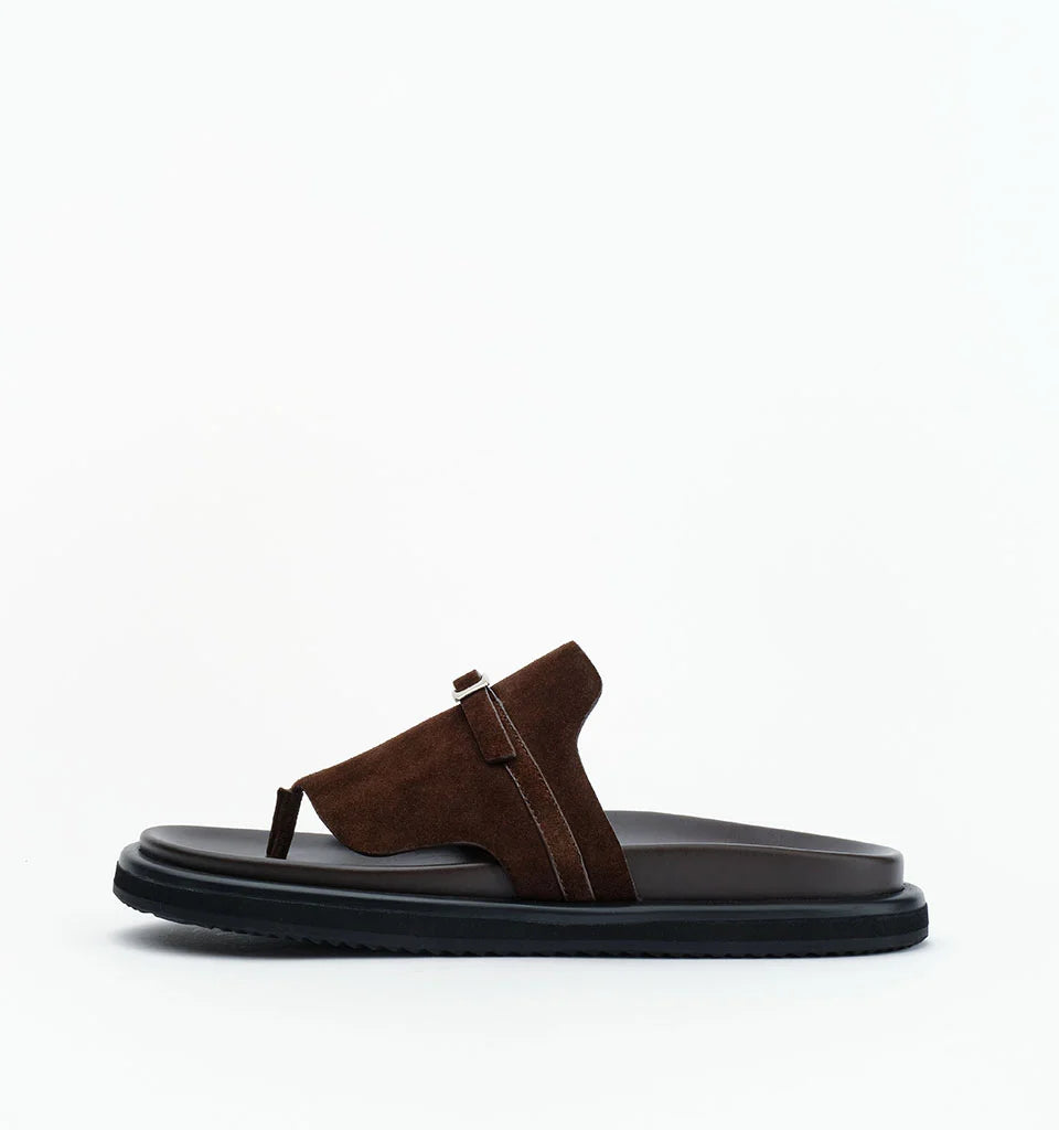 Brown suede thong sandals with a wide strap and thick black sole