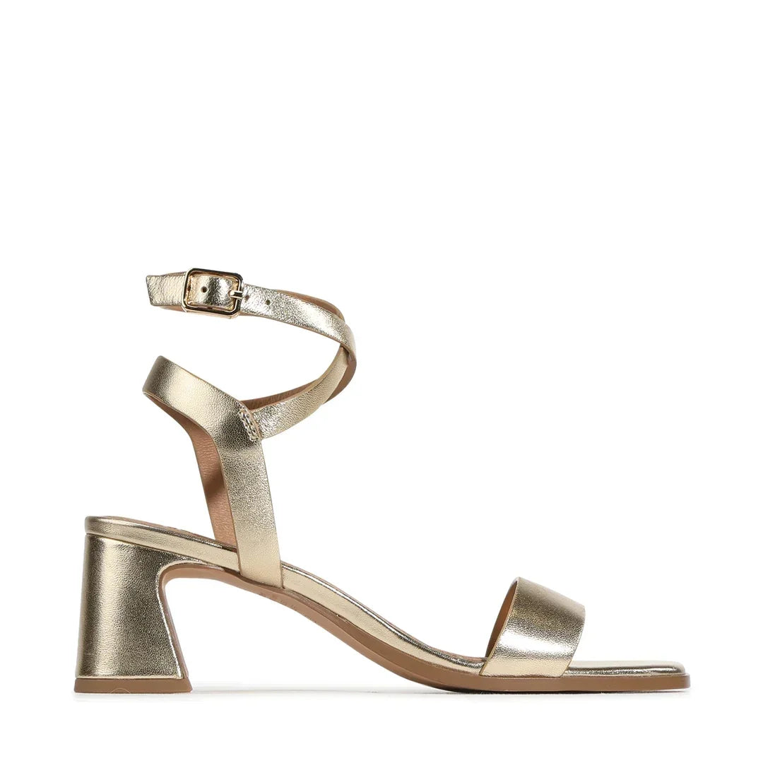 Gold metallic block heel sandals with ankle strap and buckle detail, stylish everyday footwear