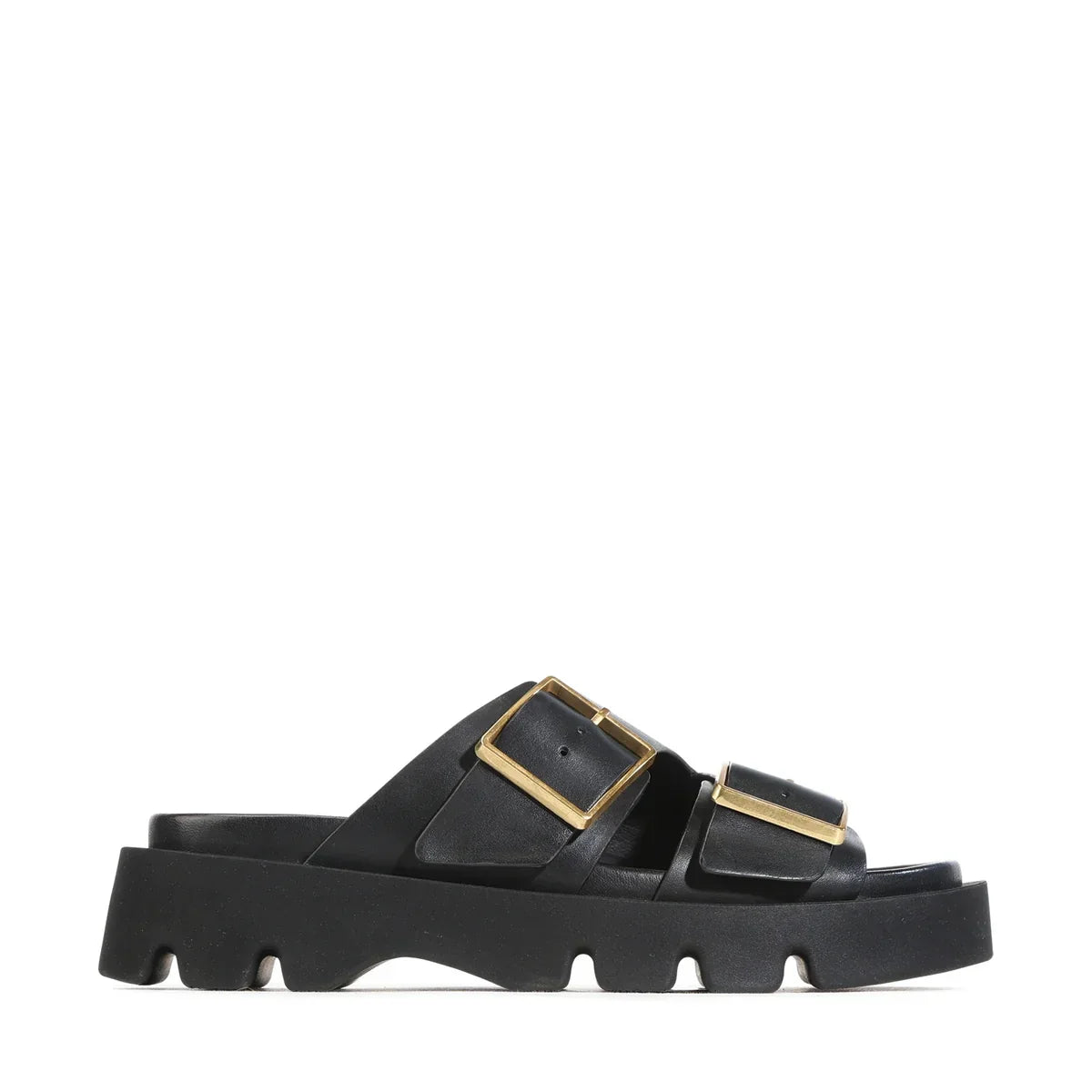 EOS Monni Slide in black leather featuring gold buckles and a chunky sole